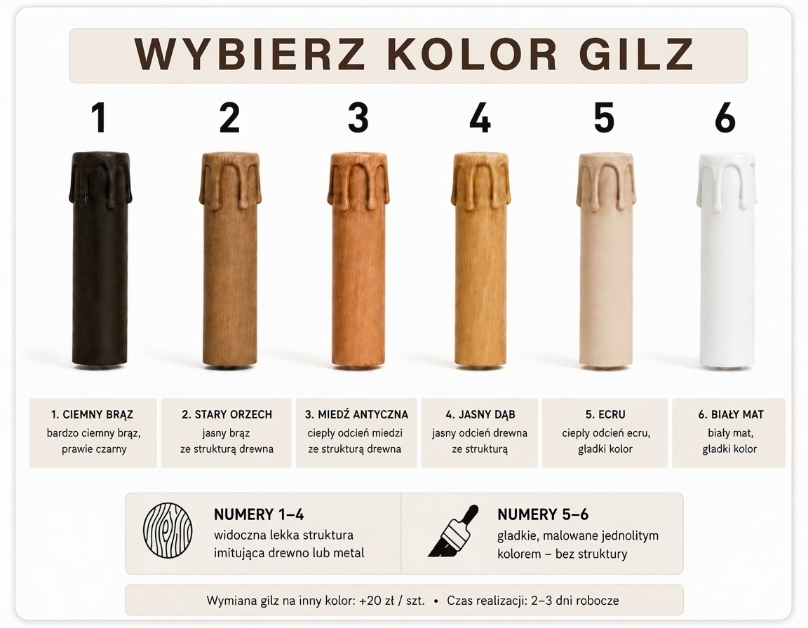 Wzornik sześciu kolorów gilz do lamp: ciemny brąz, stary orzech, miedź antyczna, jasny dąb, ecru i biały mat